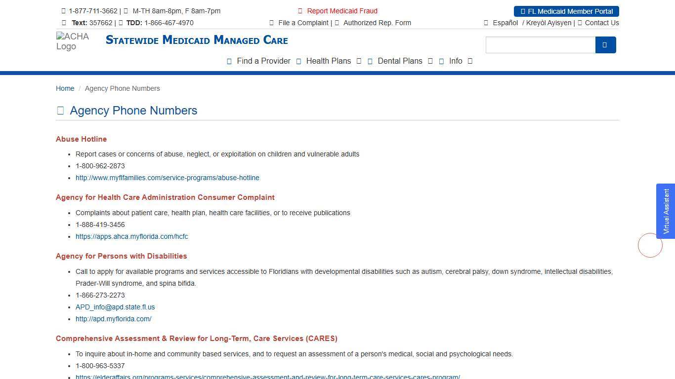 Florida State Medicaid Managed Care - Agency Phone Numbers